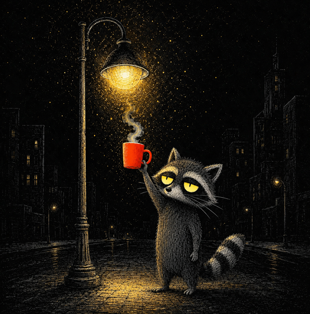RACCINO_DEV's tweet photo. Every streetlight came back to life as Raccino walked beneath it. At the top of the clock tower, he found a shadow creature holding the morning hostage. He did not fight it he simply offered it a sip of something warm.

#Pump #Solana #RACCINO https://t.co/ZtM5mYQDBf
