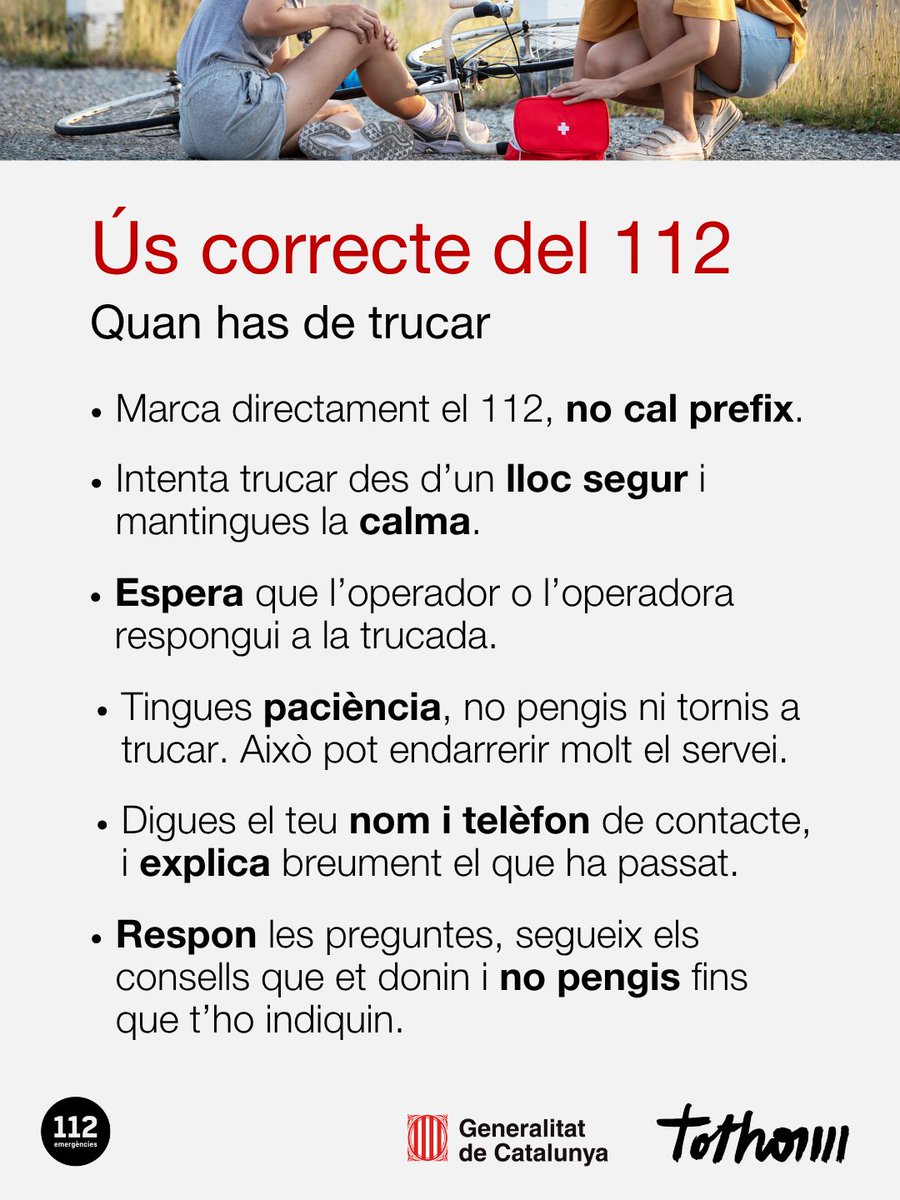 112's tweet photo. 📲 El 112 és un servei d'atenció de trucades d'urgència. Dona resposta immediata les 24 hores del dia els 365 dies de l’any.

✔️ És un servei públic d’accés universal, gratuït i permanent per a totes les persones des de qualsevol tipus de telèfon, fix o mòbil.

Fes un bon ús. https://t.co/TbHs9AENhF