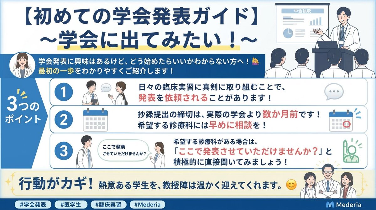 MedteriaSTU's tweet photo. 【初めての学会発表ガイド】～学会に出たい！編～ 
「学会発表、興味あるけどどう始めたらいいの?」という方へ🙋‍♀️ 始めの一歩をご紹介します！

・実習に熱心に取り組むことで、発表を打診されるケースも💬
・抄録の提出締切は本番の数ヶ月前！早めに志望科へ相談を📅 
・志望科がある場合は、遠慮せず直接「発表させてもらえませんか」とお願いしてみるのがおすすめ

行動あるのみです！先生方も熱意のある学生を大歓迎してくれますよ😊 

#学会発表 #医学生 #臨床実習 #メドテリア