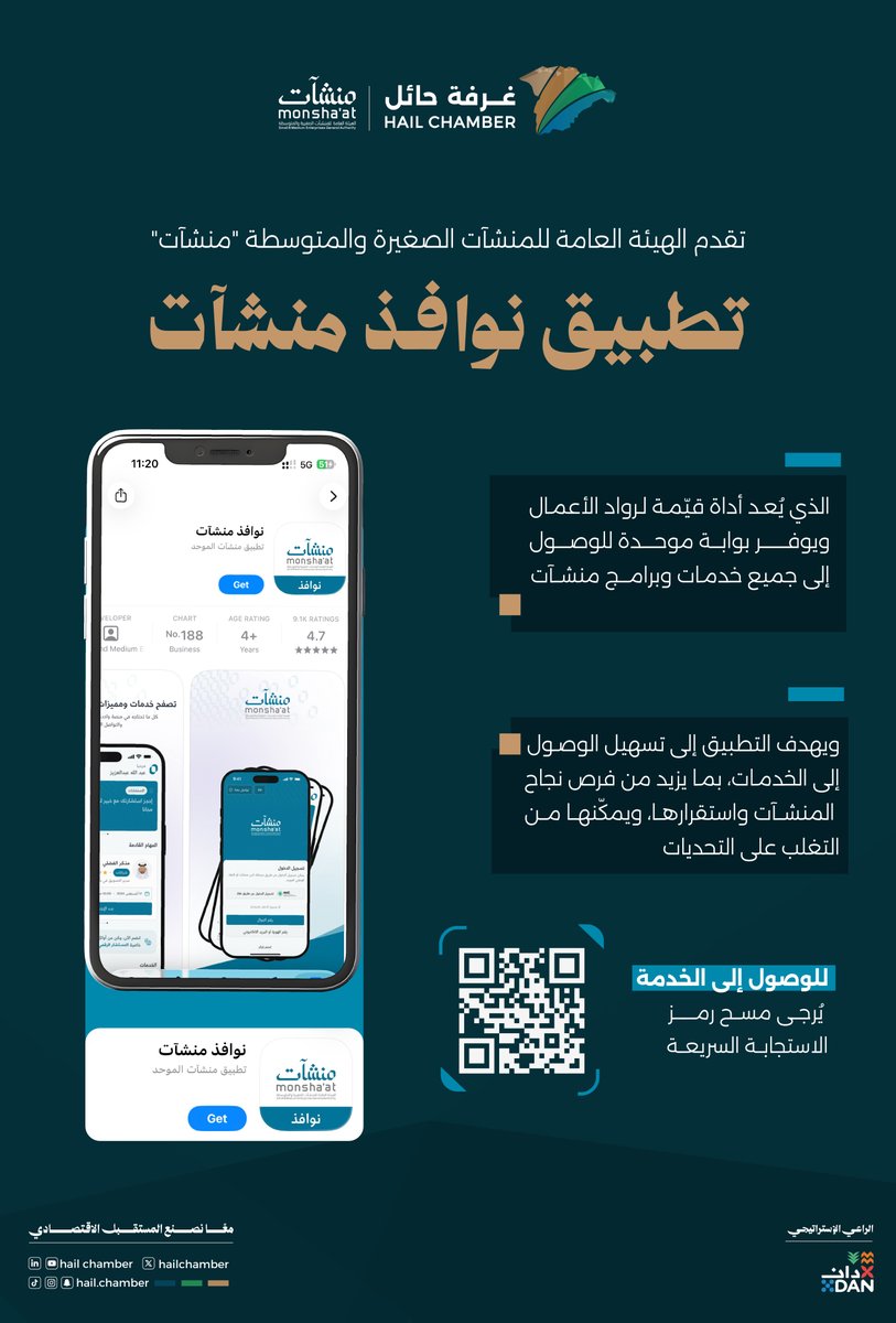 hailchamber's tweet photo. #تطبيق_نوافذ |

تعرّف على تطبيق "نوافذ منشآت" الذي تقدمه @MonshaatSA، كأداة رقمية موحّدة لرواد الأعمال، تتيح الوصول إلى خدمات وبرامج منشآت بسهولة؛ بما يعزز فرص نجاح المنشآت واستقرارها وتمكينها من تجاوز التحديات.

🔗 | للوصول إلى الخدمة https://t.co/i1lkuWc85I https://t.co/hJVlf1ljc6