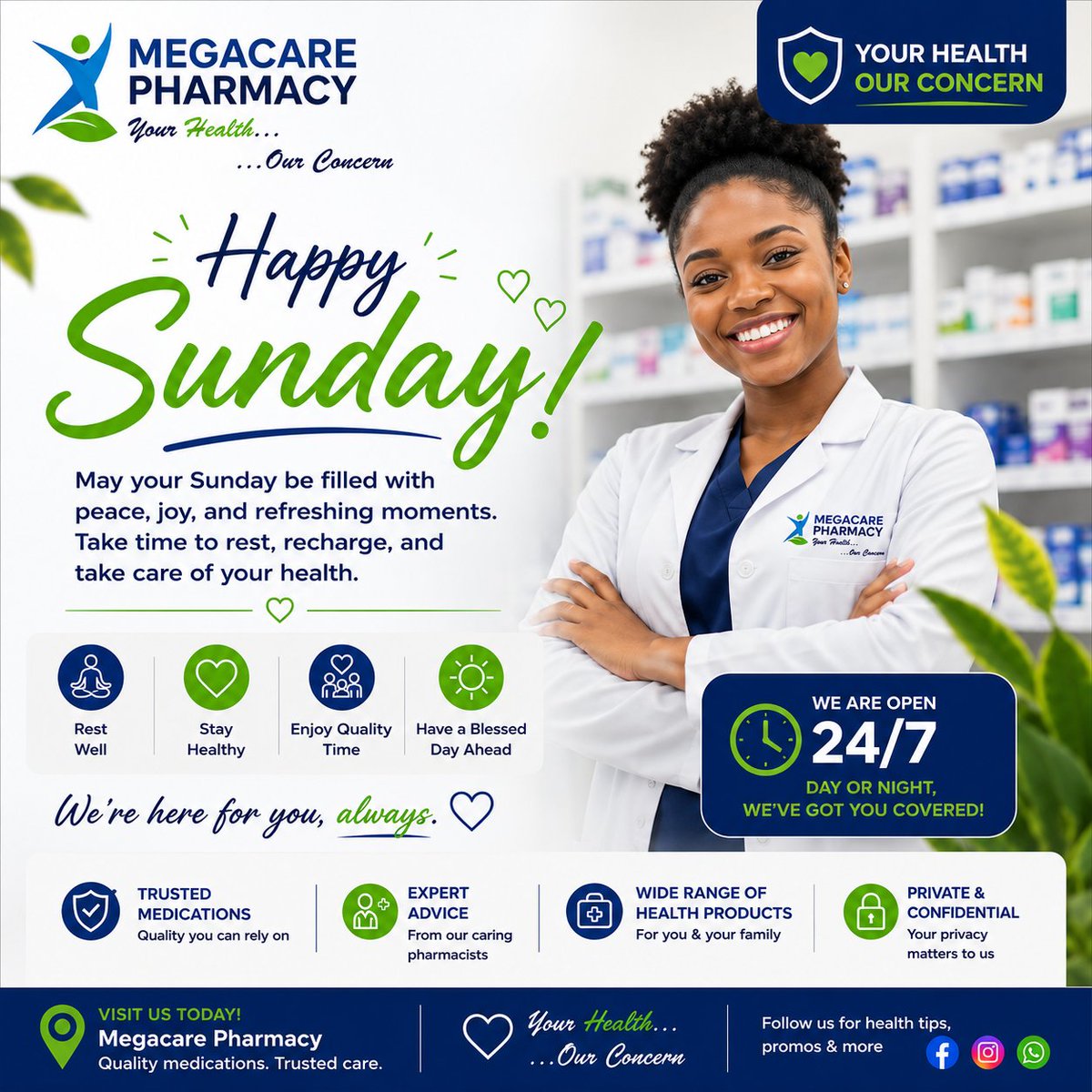 Megacare_pharm's tweet photo. Happy Sunday! 💚

Take time to rest, recharge, and prioritize your health. Megacare Pharmacy is here for you 24/7.

#HappySunday #MegacarePharmacy #YourHealthOurConcern #StayHealthy #Open24Hours https://t.co/FHdnDsN1aU