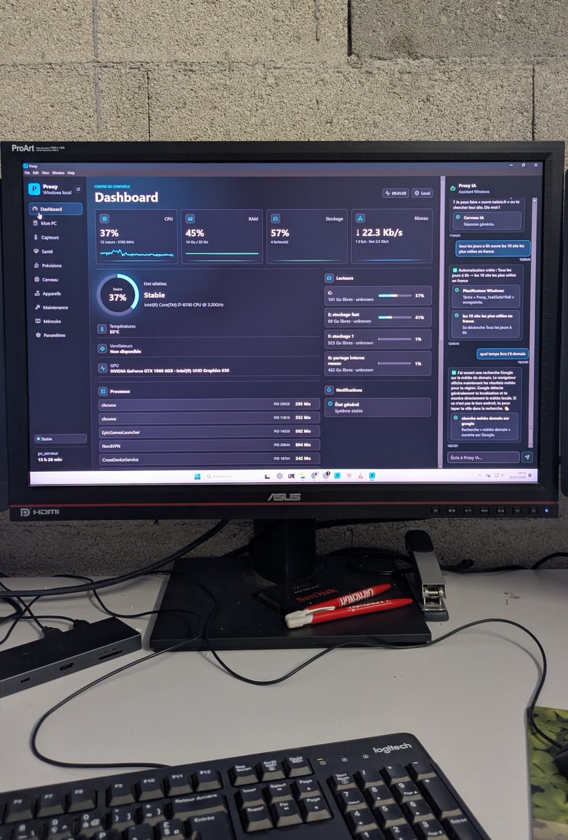 proxy_ia's tweet photo. Aujourd’hui, je poursuis le développement de Proxy, et plus particulièrement l’amélioration de sa prochaine version : Proxy 0.6.31.

Avec cette mise à jour, mon objectif est d’améliorer en profondeur la compréhension locale de Proxy IA. Je travaille pour qu’il puisse mieux analyser le contexte de l’ordinateur, comprendre les informations disponibles localement, établir des liens entre les différents éléments et répondre de manière plus précise, cohérente et utile.

Je ne veux pas que Proxy soit simplement une IA ajoutée à Windows. Je veux construire un véritable assistant capable de comprendre l’environnement dans lequel il fonctionne et d’accompagner concrètement chaque utilisateur dans ses tâches quotidiennes.

La version 0.6.31 est encore en cours de développement. Chaque test, chaque correction et chaque amélioration me rapprochent un peu plus de la vision que j’ai pour Proxy.

https://t.co/Q0qKlCbHh1 

Le développement continue.
— Léon Pasquier, créateur de Proxy