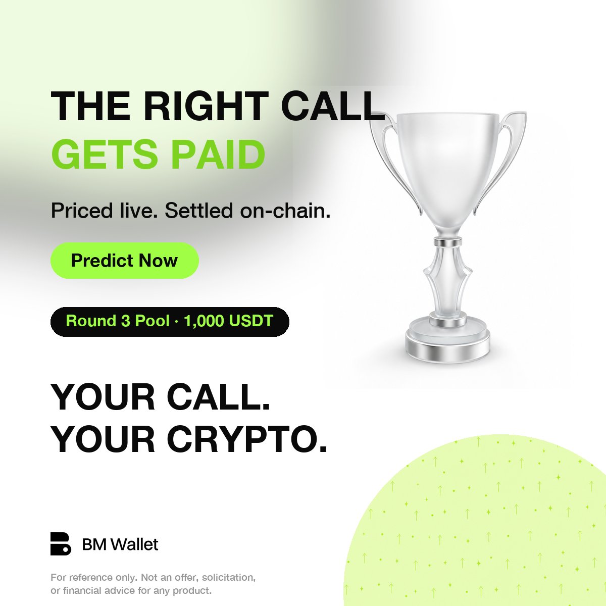 BM_Wallet's tweet photo. Prediction markets do not pay the loudest voice. They pay the right one 🎯

Your judgment, priced live, settled on-chain.

Round 3 closes Jul 31. https://t.co/Ba37mwYrjX
