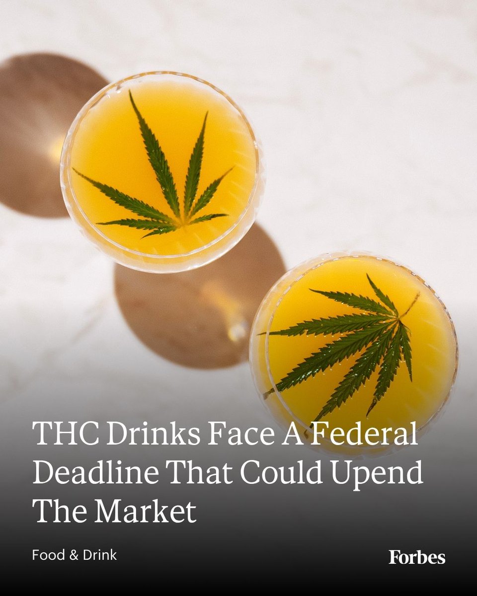 Forbes's tweet photo. THC beverages reached $239 million in measured retail sales, but a federal rule taking effect Nov. 12 could push most hemp-derived drinks outside the legal hemp market. 
Read more: https://t.co/E9D1Y0ipXW
Photo: Getty Images https://t.co/7YTYiQuHAo