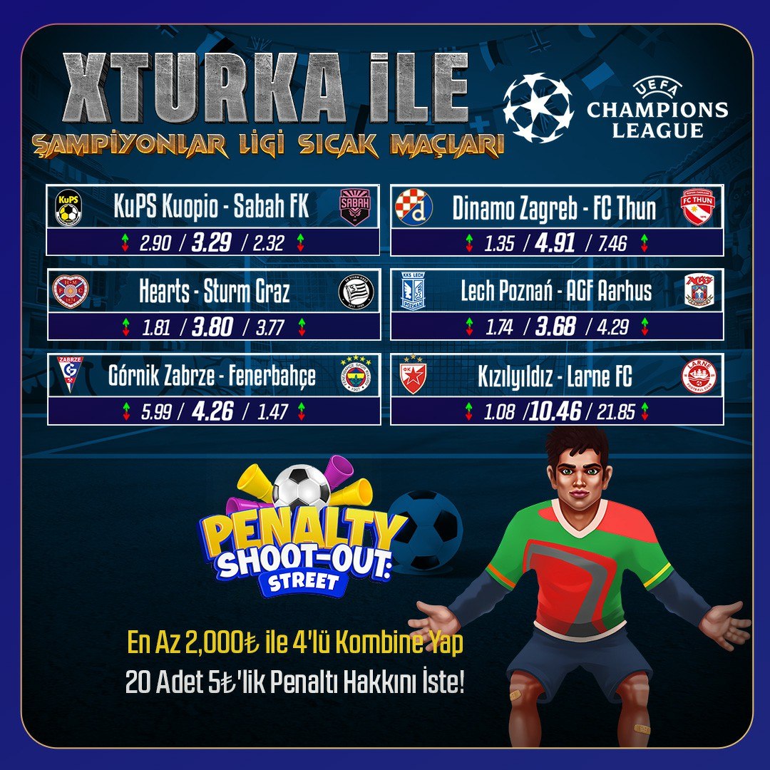 XturkaOfficial's tweet photo. ⚽️ **Şampiyonlar Ligi heyecanı XTURKA'da!**

🎯 **2.000₺ ve üzeri 4'lü kombineni oluştur, 20 adet 5₺ Penalty Shoot-Out hakkını kap!**

🚀 Hemen yerini al, heyecanı kaçırma!

Xturka Giriş: https://t.co/5sJuc3QeuT https://t.co/y1HAuYshBR
