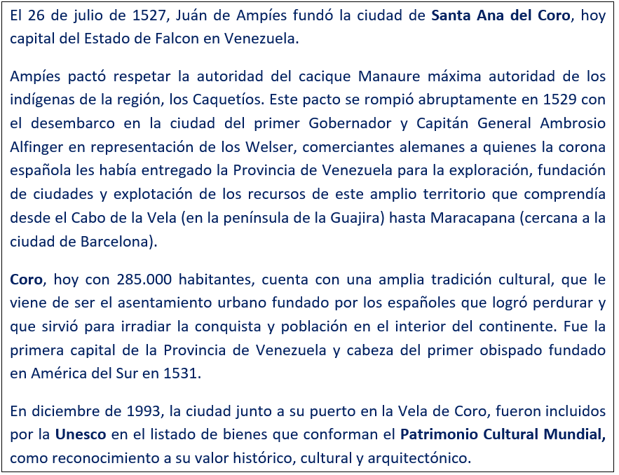 javierleoncio49's tweet photo. El 26 de julio de 1527, hoy hace 499 años, Juan de Ampíes fundó la ciudad de Santa Ana de Coro en Venezuela. 
@PublikCoro,@gobierno_falcon,@Mediosclef,@PrensaCoro,@PrensaCoro,@PJ_Coro,@EmbaVEespana,@EmbEspVenezuela,#CORO,#Venezuela https://t.co/jYecRYnOse