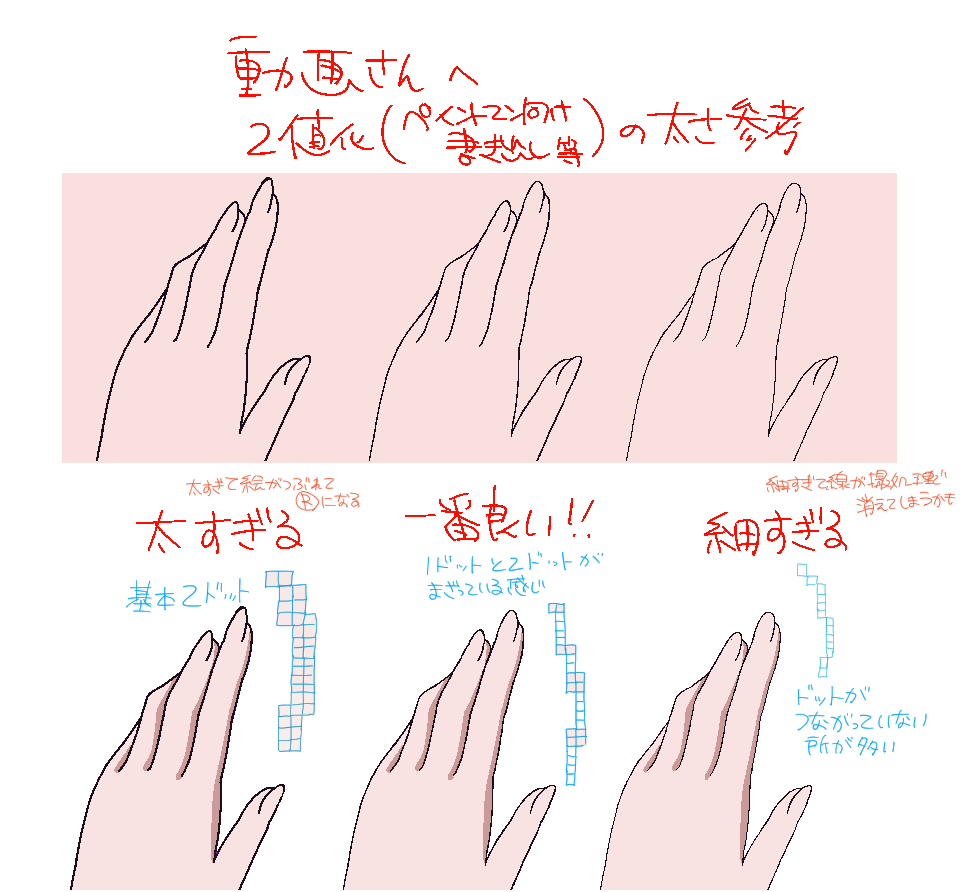w4t9uoorv48r7s3's tweet photo. デジタル動画の（仕上目線的）理想の線の太さ
ドットが繋がっていない線はスムージングで線が消えてしまいます。また、撮影処理次第では処理がかかりにくい線になります。太すぎる線は髪の毛先のダマ感にもつながりますが、全体の太さは1.5ドットくらいになるのが理想です。
クリスタの https://t.co/8wiRfHjkTf