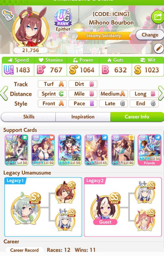 Ncharmed7's tweet photo. @KrisUmasimp this is around what I've been getting with one wit card. (my blues suck) Should probably just take suzuka speed card to get a second gold recovery for longs.

At least the longest cm is arima kinen so not too bad https://t.co/HaxA0WDsi7