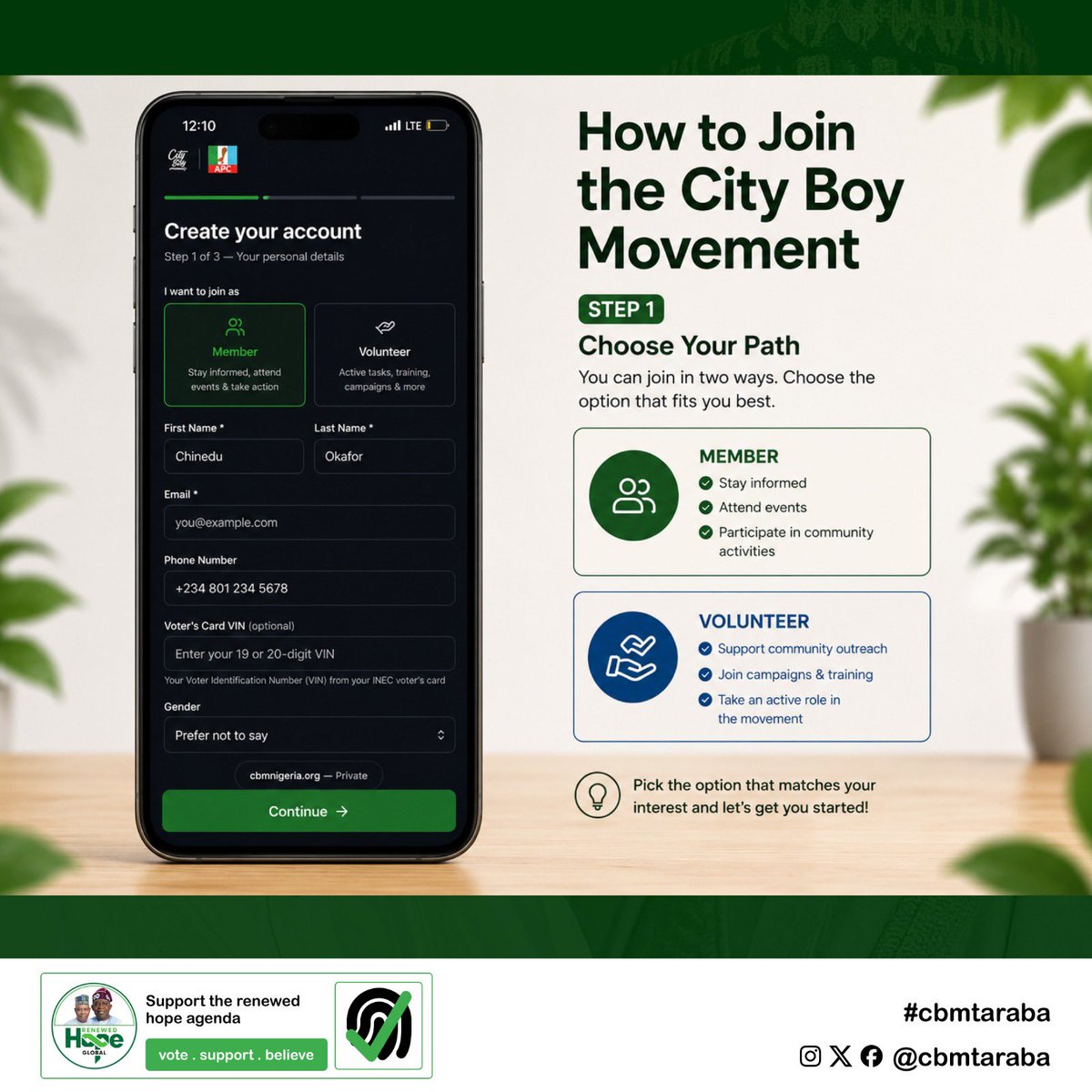 CBMTaraba's tweet photo. Joining the City Boy Movement is easier than you think. 🇳🇬

In just 3 simple steps, you can become part of a growing community committed to participation, service, and progress.

#CBMTaraba #CityBoyMovement #RenewedHope #RegisterToday https://t.co/duBkcoEepw