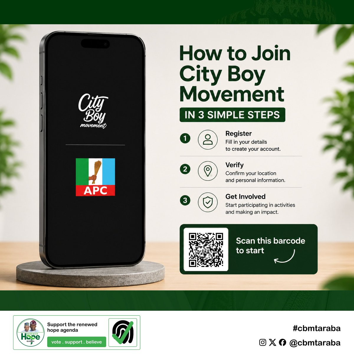 CBMTaraba's tweet photo. Joining the City Boy Movement is easier than you think. 🇳🇬

In just 3 simple steps, you can become part of a growing community committed to participation, service, and progress.

#CBMTaraba #CityBoyMovement #RenewedHope #RegisterToday https://t.co/duBkcoEepw