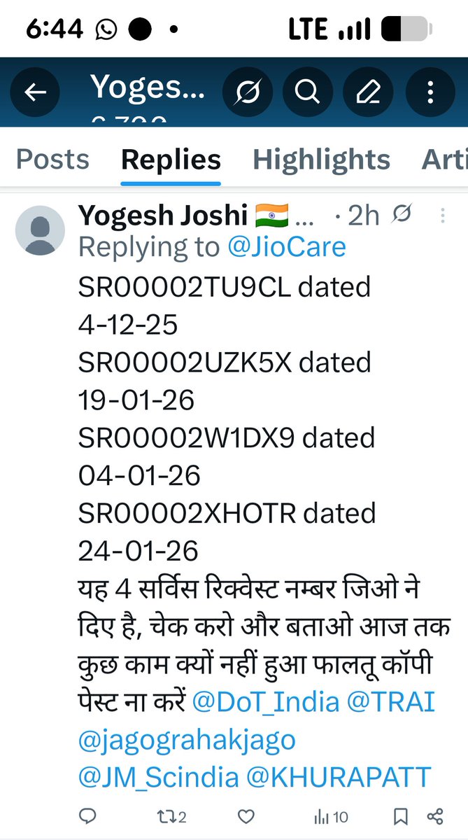 YlJoshi's tweet photo. @ahuja_char18249 @JioCare ऐसे SR नंबर जनरेट किए हुए मेरे पास बहुत है 10 दिन बाद चेक करोगे तो CLOSED दिखाई देगा बिना समस्या हल किए जब रेगुलेटर ऑथोरिटीज़ ही पैसा खाके बैठ जाए तो कंपनी आपको आपके द्वारा चुकाए गए पैसे की सुविधा क्यों दे क्योंकि सब अपना अपना हिस्सा बांट रहे है। https://t.co/NgyZT8NNrG