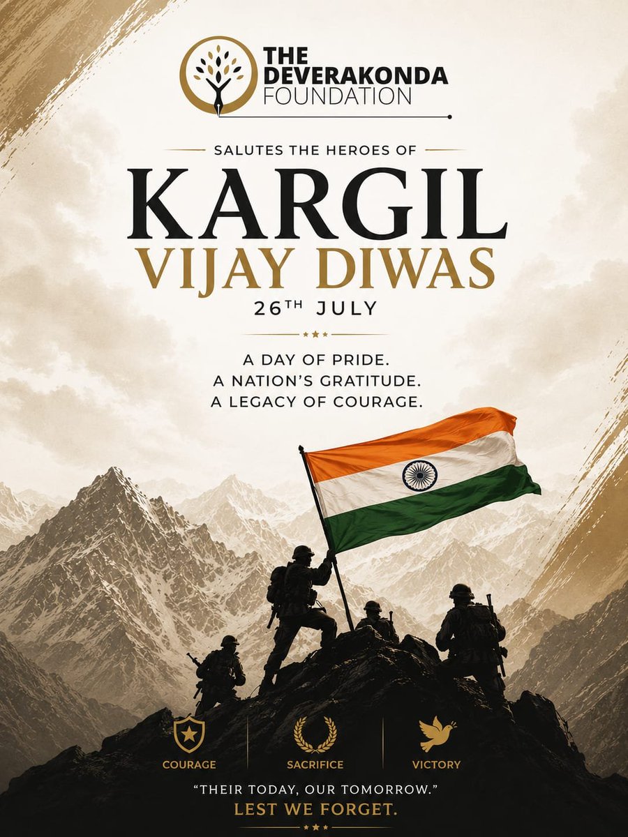 DeverakondaFdn's tweet photo. 𝐎𝐧 #KargilVijayDiwas, we salute the unmatched courage, sacrifice, and unwavering spirit of our brave soldiers who defended our nation's honour against all odds. Their valour inspires every Indian. The nation will forever remain indebted to our heroes. 𝐉𝐚𝐢 𝐇𝐢𝐧𝐝! 🇮🇳 https://t.co/Yy74588VJW