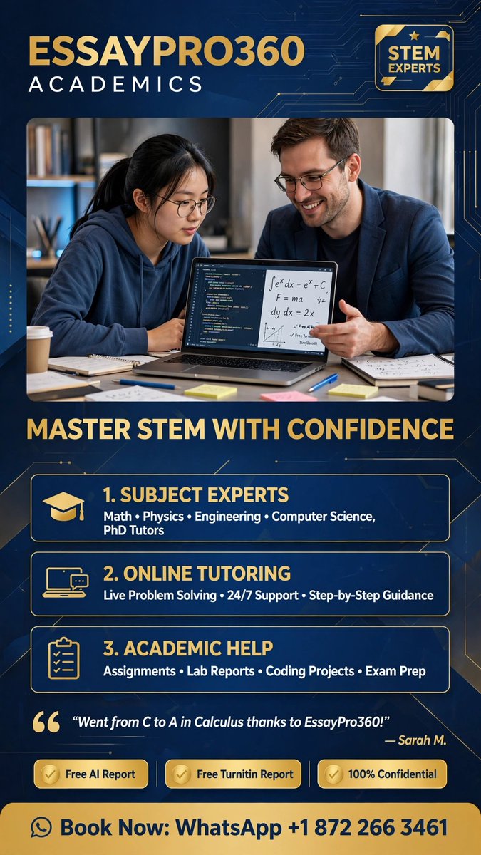 Academiawriter1's tweet photo. 🔬 MASTER STEM WITH CONFIDENCE

ESSAYPRO360 ACADEMICS
Math • Physics • Coding • Engineering

✓ PhD Tutors
✓ Live Problem Solving 24/7
✓ Free AI + Turnitin Report

WhatsApp: +1 872 266 3461

#STEM #MathHelp #Engineering #Tutoring https://t.co/Yjb2yDoUxG