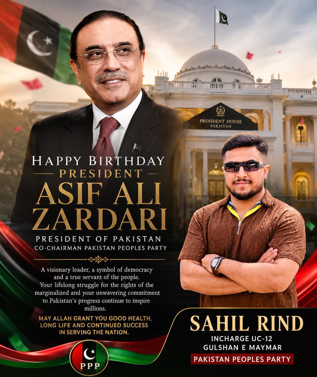 SahilRind009's tweet photo. Happy Birthday, President Asif Ali Zardari Sahab! 🇵🇰
Mulk aur jamhooriyat ke liye aap ki khidmat qabil-e-ehtram hai. Aap ka paigham: “Ek Zardari, Sab Se Yaari.” 🤝❤️
Allah aap ko sehat aur lambi zindagi ata farmaye.
Jeay Bhutto! ❤️💚🖤
@AAliZardari @BBhuttoZardari @AseefaBZ https://t.co/a2SE5Gv8B3