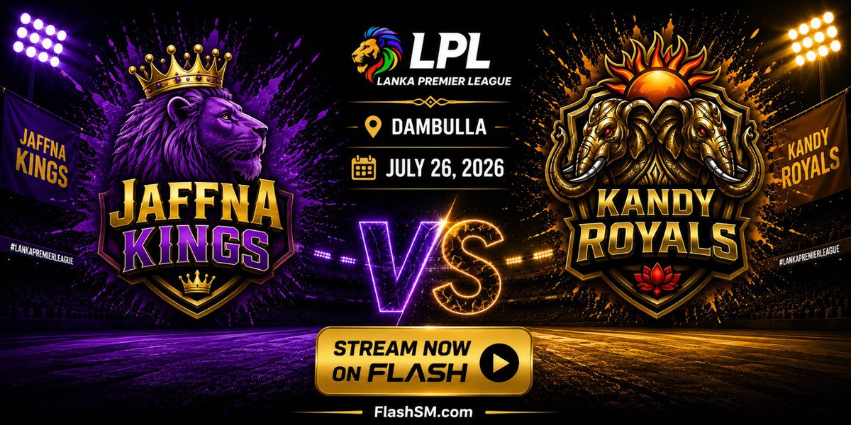 SIXR_cricket's tweet photo. 🏏 Lanka Premier League is now streaming LIVE on FlashSM!
Next up: Jaffna Kings 🆚 Kandy Royals
👑 Who are we supporting?
📺 LIVE on FlashSM: https://t.co/olYtsK3rp0
#FlashSM #LPL #LankaPremierLeague #JaffnaKings #KandyRoyals #WatchLive #SIXRCricket https://t.co/TDEQEVCsmu