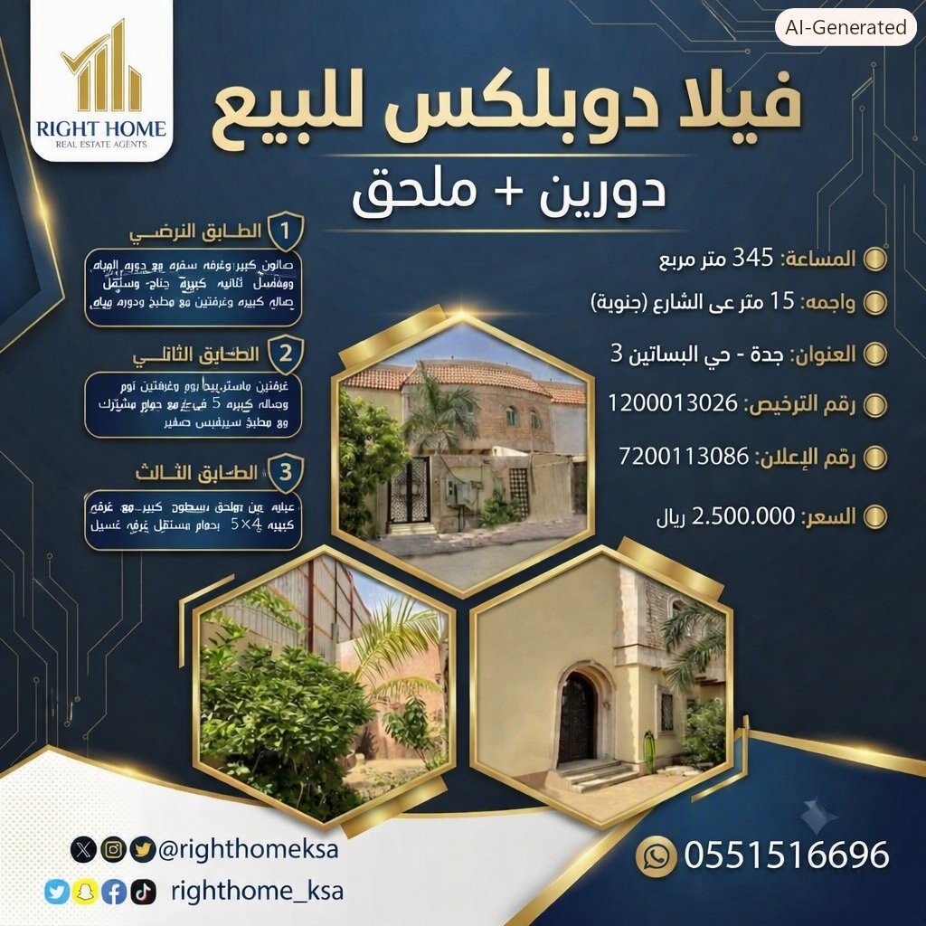 RighthomeKsa's tweet photo. ✨ فرصة مميزة لامتلاك فيلا دوبلكس فاخرة في جدة – حي البساتين ٣
تصميم أنيق، موقع استراتيجي، ومساحة مثالية للعائلات الباحثة عن الراحة.
استثمر في بيت العمر مع RIGHT HOME 🏠
📞 تواصل عبر واتساب الآن:
https://t.co/BSxSEIW6AZ (https://t.co/Up6VNXXaDp in Bing)
#عقارات_السعودية #فلل_جدة #RightHome #البيت_الصح #فلل_فاخرة #تسويق_عقاري #استثمار_ذكي
