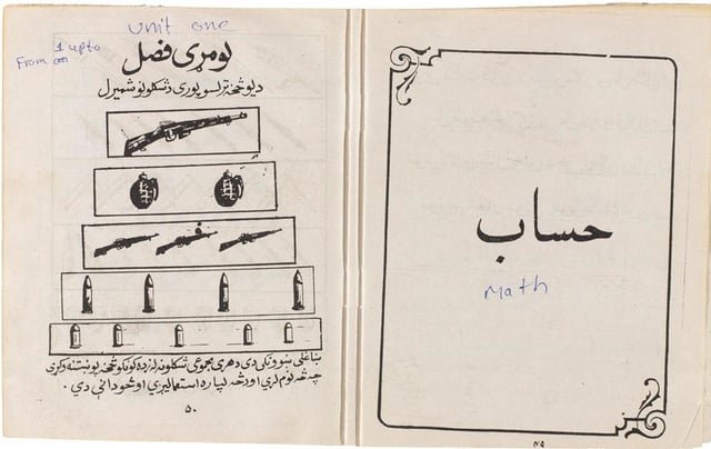 Nakata1913's tweet photo. حالا اینکه خوبه. دهه هشتاد میلادی، دانشگاه نبراسکا با حمایت USAID کتابهای درسی کودکان افغان را در پاکستان با هزینه میلیون دلاری چاپ و نشر می‌کرد که کاملا ترویج جنگ و خشونت علیه شوروی و در حمایت مجاهدین آمریکایی بود. این مثلا کتاب حساب دوره ابتدایی بود. 
بر ذاتتون تا ابد لعنت. https://t.co/r6Gh9gbACM