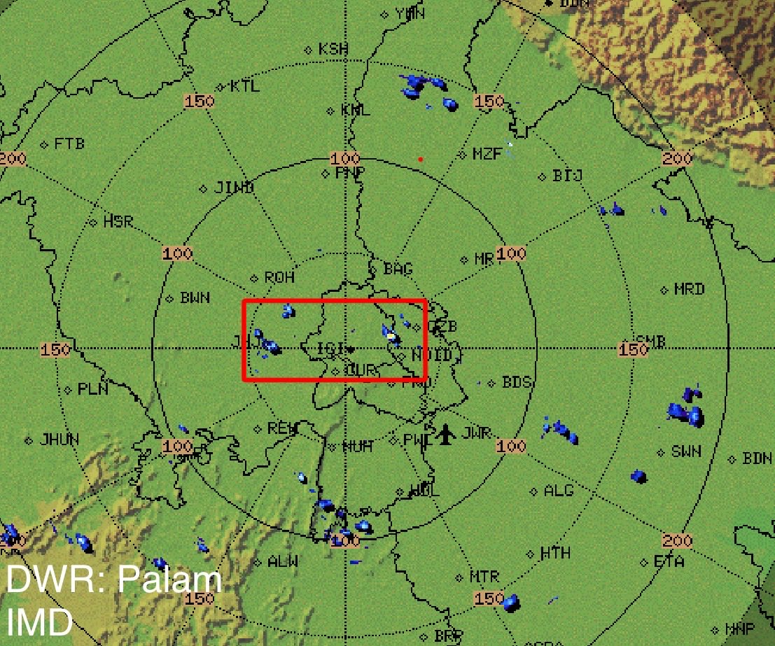 indiametsky's tweet photo. Nowcast-1
Isolated formation are occurring over parts of Delhi to bring isolated moderate to heavy rains with thunder in #Noida, #EastDelhi, #NorthDelhi, #Jhajjar and adjoining areas in next few hours.

Rainfall will pickup spread and intensity from tomorrow! 
#DelhiRains https://t.co/XGtjIaZ4Os