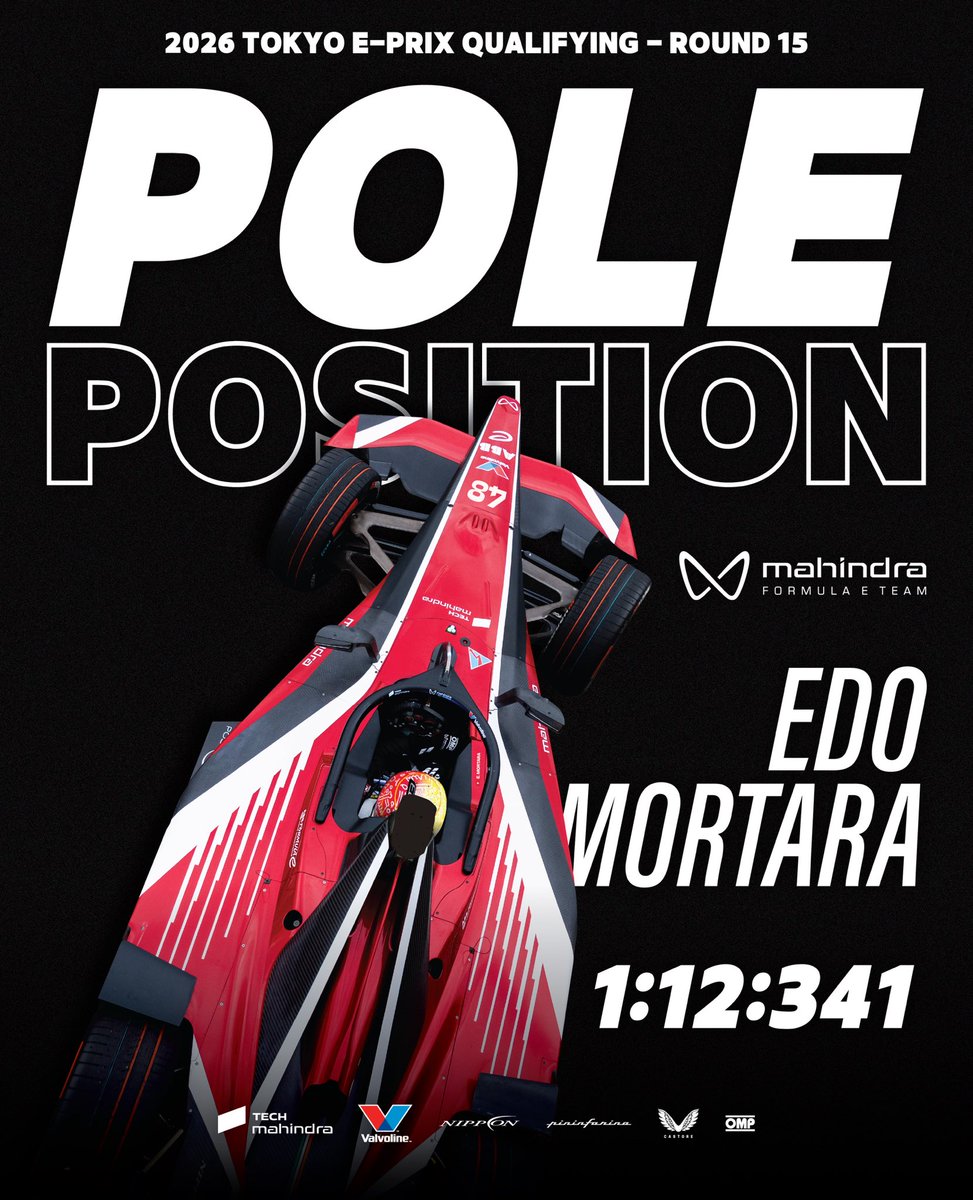 MahindraRacing's tweet photo. POOOOOLE 🔥

@edomortara takes his fourth pole position of Season 12 in Tokyo ⚡️

#Mahindra #FormulaE #TokyoEPrix https://t.co/H70kYzOGiu