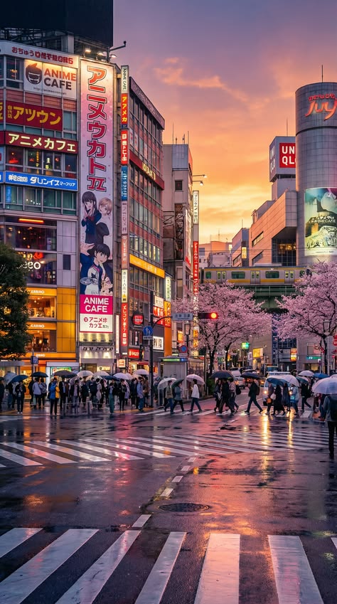 AgusBurgoss's tweet photo. Dusk, neon, and rain in Tokyo's anime-heart signs glow as cherry blossoms line the crosswalk
wQY https://t.co/SBkvMgo1aP