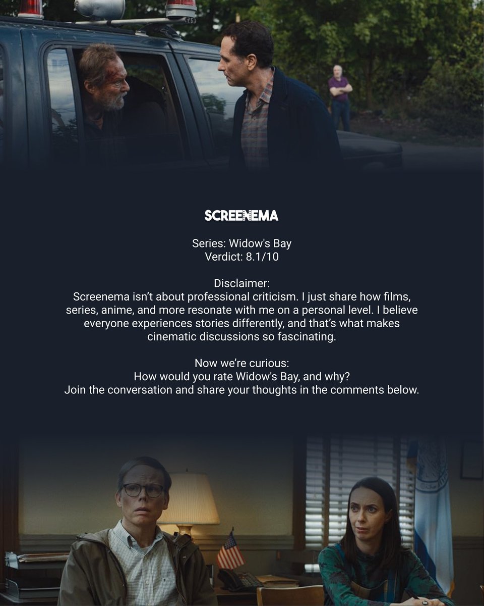ScreenemaRates's tweet photo. How would you rate Widow's Bay? Share your thoughts below!
#SeriesReview #TVReview #WidowsBay #ShowCritique #SeriesDiscussion https://t.co/SVqajk1ZZx