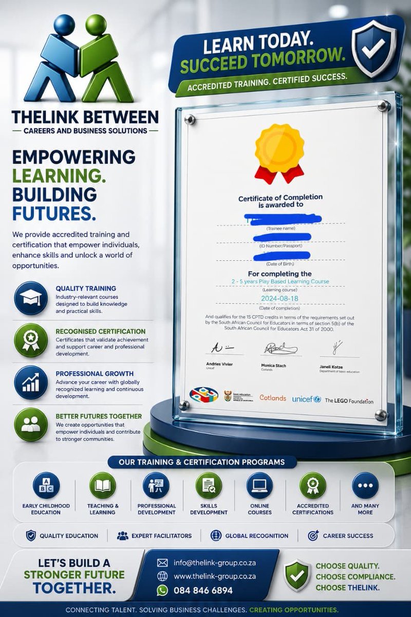 TheLink_Group's tweet photo. THE LINK BETWEEN
Careers and Business Solutions

LEARN TODAY. SUCCEED TOMORROW.
ACCREDITED TRAINING. CERTIFIED SUCCESS.

EMPOWERING LEARNING. BUILDING FUTURES.

We provide accredited training and certification that empower individuals https://t.co/6VvRHyADQG