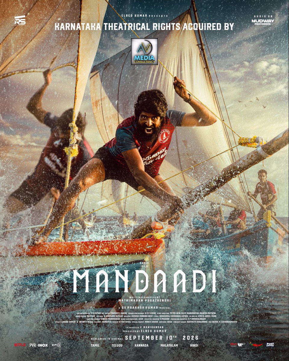 elredkumar's tweet photo. Delighted to partner with @venkatavmedia for the Karnataka theatrical release of #Mandaadi 💥
Here's to a successful and memorable theatrical journey together 

#Mandaadi arrives on Sept 10 💥

@sooriofficial #Suhas
@rsinfotainment @MathiMaaran @gvprakash @Mahima_Nambiar
@RavindraVijay1 @MithunJS5
#sathyaraj @bala_actor @PeterHeinOffl @dhilipaction @maheshmathewMMS @pavijaypoet #VMmahalingam @JayashreeRD @ra_vaaheesan #AmeerJamalKhan @Azarchoreo @srkathiir @KiranDrk @pradeepERagav @magesh_ggg #thiralsankar @MohanaVasanthan @mani_rsinfo  @dineshmoffl
#Ronexxavier #srinath
@AKunjamma @ikrishhassan @ProRekha @digitallypower @mudwayrecords