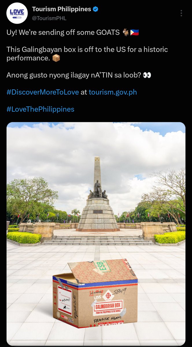 marjforjah's tweet photo. From teasing with five GOATS to sending Galingbayan box to buying clothes for binyag and now officially announcing SB19 as Philippines' Tourism Ambassador 💙

GÁLING BAYAN, GALING NG BAYAN. A’TIN YAN! 🇵🇭🌏

SB19 PH TOURISM AMBASSADORS
@SB19Official #SB19
@TourismPHL #UySB19 🐐
#SB19GalingBayan