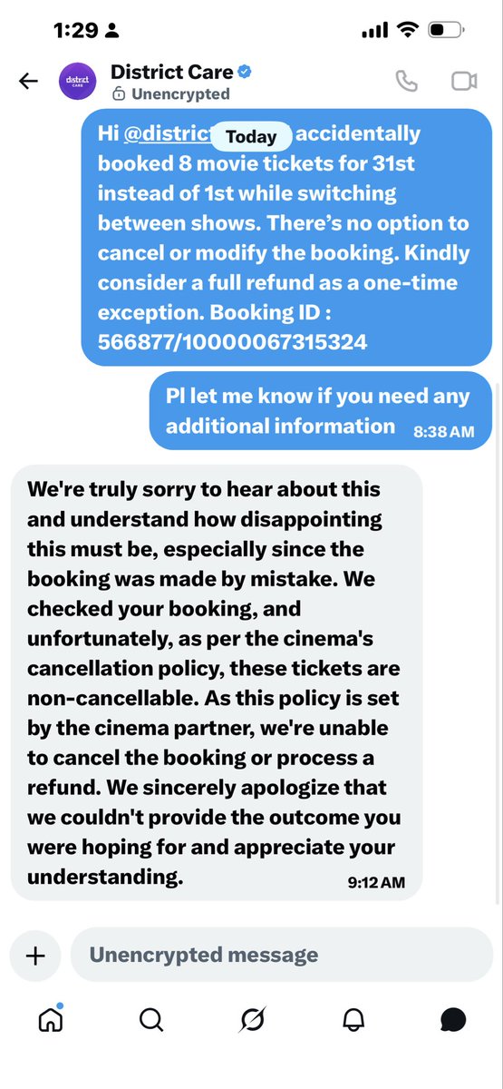 nimitamul's tweet photo. @district_india I understand the policy, but this genuine mistake was due to the app flow while switching shows. Please don’t send a standard response. Kindly escalate this with the cinema partner and help with a one-time refund https://t.co/9NWFWmK5qK