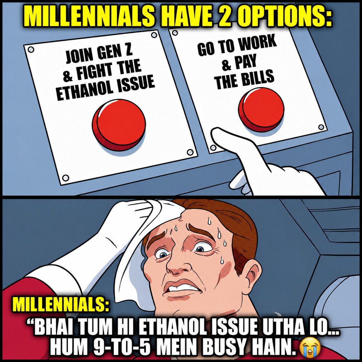 MangoMan_DL's tweet photo. Millennials: Bhai tum log issue utha lo, hum EMI aur 9-to-5 mein phase hue hain 😭 https://t.co/5nYazzR5RF