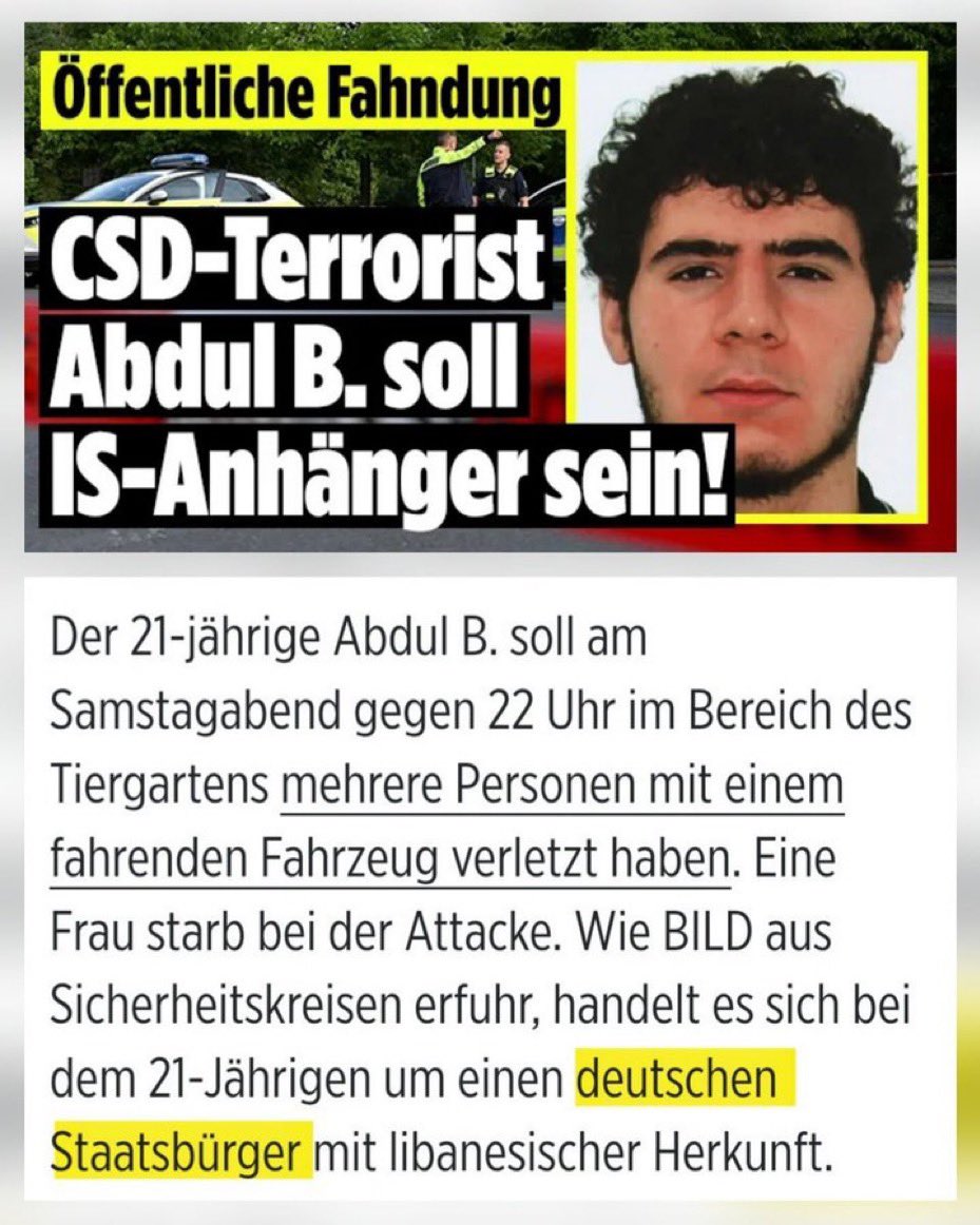 camalees's tweet photo. O terrorista Abdul B. que ontem lançou um carro a grande velocidade contra  a comunidade LGBT era :

a) membro do ISIS
b) tinha a cidadania alemã ( dada na farinha amparo a islamistas, mas difícil de obter por outras pessoas incluindo europeus da UE) e origem libanesa. 

Isto é a globalização da Intifada que tantos pediram.