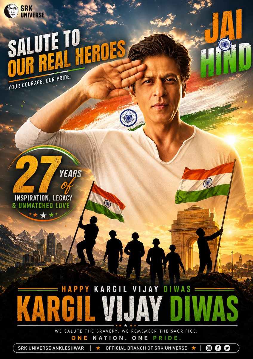 cho9088's tweet photo. 🇮🇳 27 Years of Kargil Vijay Diwas.
Salute to every brave heart. Jai Hind! ❤️
.
.
@iamsrk@iamsrkclubofficial@poojadadlani02
.
#KargilVijayDiwas #JaiHind #IndianArmy #SaluteOurHeroes #27YearsOfKargil Respect 

(SRKUniverse Patriotism ViralReel IndiaFirst 🇮🇳) https://t.co/I7t8l4wFxb