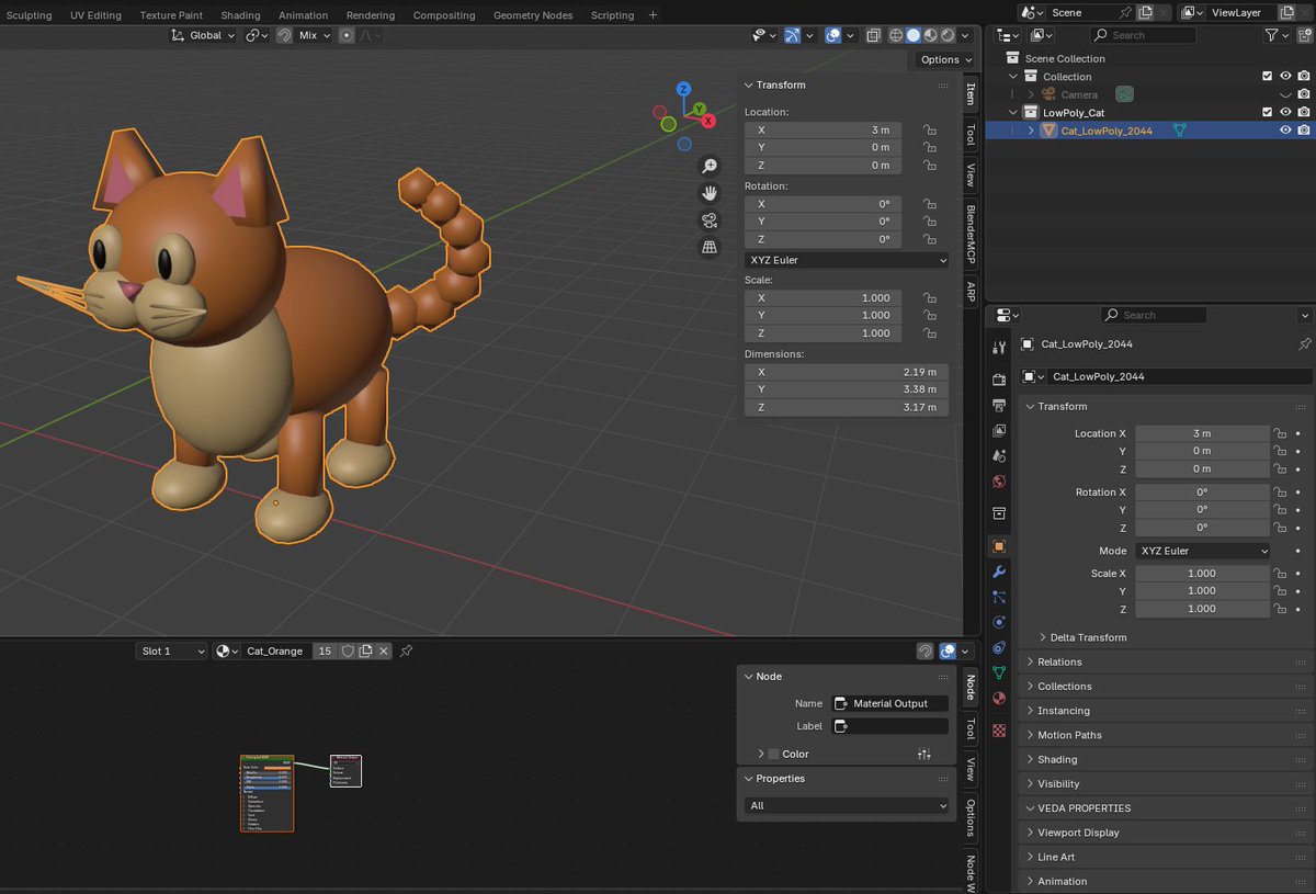 tora_3dcg's tweet photo. GPTCodexを使用してBlenderMCPから2000ポリゴン程度を指定してローポリ猫を作らせてみました。
２枚目は実際のコンクリートブロックの写真を与えて作らせてみました。
いくつか難点はあるもののスタティックオブジェクトにはユースケース次第で使えるかもしれない。 https://t.co/865KgNfosy