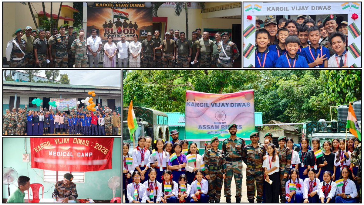 Spearcorps's tweet photo. 𝗖𝗼𝗺𝗺𝗲𝗺𝗼𝗿𝗮𝘁𝗶𝗻𝗴 𝘁𝗵𝗲 𝟮𝟳𝘁𝗵 #𝗞𝗮𝗿𝗴𝗶𝗹𝗩𝗶𝗷𝗮𝘆𝗗𝗶𝘄𝗮𝘀

Honouring the indomitable courage and supreme sacrifice of the 1999 Kargil War heroes, #AssamRifles and #IndianArmy formations under #SpearCorps commemorated the 27th #KargilVijayDiwas through wide-ranging commemorative, youth outreach, and humanitarian events across #Assam, #ArunachalPradesh, #Nagaland, #Mizoram, #Manipur and #Tripura. The celebrations included a Commemorative Bike Rally from Kohima to Nerhema, flagged off by the Hon’ble Governor of Nagaland, Shri Nand Kishore Yadav, in the presence of Maj Gen H S Mavi, IGAR (North) alongside the felicitation of the parents of Capt Neikezhakuo Kenguruse, MVC (P). Across the region, events featured wreath-laying ceremonies, veteran interactions, documentary screenings, patriotic student competitions, pipe band displays and blood donation camps.

Reinforcing the spirit of selfless service and military-civil synergy, comprehensive community welfare initiatives were also executed, including medical camps benefiting over 200 citizens in Haflong, #Assam and a Health Camp providing healthcare to 392 beneficiaries in Churachandpur, #Manipur. From Tiranga rallies and sports events to interactive forums at Pasighat, Agartala, Lunglei, and multiple districts in #Manipur, these multifaceted initiatives paid a fitting tribute to the bravehearts of #OperationVijay while inspiring the youth towards national service, patriotism and unity.

1999 कारगिल युद्ध के वीर नायकों के अदम्य साहस और सर्वोच्च बलिदान को नमन करते हुए, #SpearCorps के अंतर्गत #AssamRifles तथा #IndianArmy के सैन्य दलों द्वारा #Assam, #ArunachalPradesh, #Nagaland, #Mizoram, #Manipur and #Tripura में 27वां #KargilVijayDiwas धूमधाम से मनाया गया। इन समारोहों में Kohima से Nerhema तक एक बाइक रैली शामिल थी, जिसे नागालैंड के माननीय राज्यपाल श्री नंद किशोर यादव ने Maj Gen H S Mavi, IGAR (North) की उपस्थिति में हरी झंडी दिखाकर रवाना किया। इस अवसर पर Capt Neikezhakuo Kenguruse, महावीर चक्र (मरणोपरांत) के माता-पिता को भी सम्मानित किया गया। पूर्वोत्तर भारत के विभिन्न क्षेत्रों में पुष्पांजलि समारोह, पूर्व सैनिक संवाद, वृत्तचित्र प्रदर्शन, देशभक्ति प्रतियोगिताएं, पाइप बैंड प्रदर्शन और रक्तदान शिविर आयोजित किए गए।

सैन्य-नागरिक सहभागिता और जनसेवा की भावना को मजबूत करते हुए #Assam के हाफलोंग में 200 से अधिक नागरिकों के लिए चिकित्सा शिविर तथा #मणिपुर के चुराचांदपुर में 392 लाभार्थियों के लिए स्वास्थ्य शिविर आयोजित किया गया। तिरंगा रैलियों और खेल आयोजनों से लेकर पासीघाट, अगरतला, लुंगलेई तथा मणिपुर के विभिन्न जिलों में आयोजित संवाद सत्रों तक, इन बहुआयामी पहलों ने #OperationVijay के वीर सपूतों को भावभरी श्रद्धांजलि अर्पित की और युवाओं को राष्ट्र सेवा, देशभक्ति एवं एकता के प्रति प्रेरित किया।

#KargilVijayDiwas2026 #RememberingOurHeroes #VeerNaman #NationFirst #OperationVijay #ServiceBeforeSelf #SentinelsOfTheNortheast

@adgpi
@SpokespersonMoD
@easterncomd
@official_dgar
@HQ_IDS_India
@prodefkohima
@prodefgau
@PIB_India
@HMOIndia
