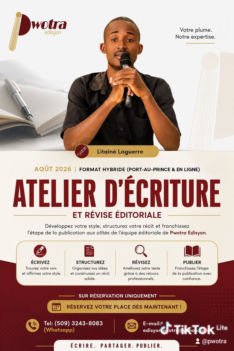 Protra_Editions's tweet photo. En août 2026, Pwotra Edisyon vous ouvre les portes de son Atelier d'écriture et de révision éditoriale, en format hybride (Port-au-Prince et en ligne). Places limitées – Participation sur réservation uniquement.
WhatsApp : (+509) 3243-8083
edisyonpwotra@yahoo.com
Pwotra Edisyon https://t.co/jPj014dFBv