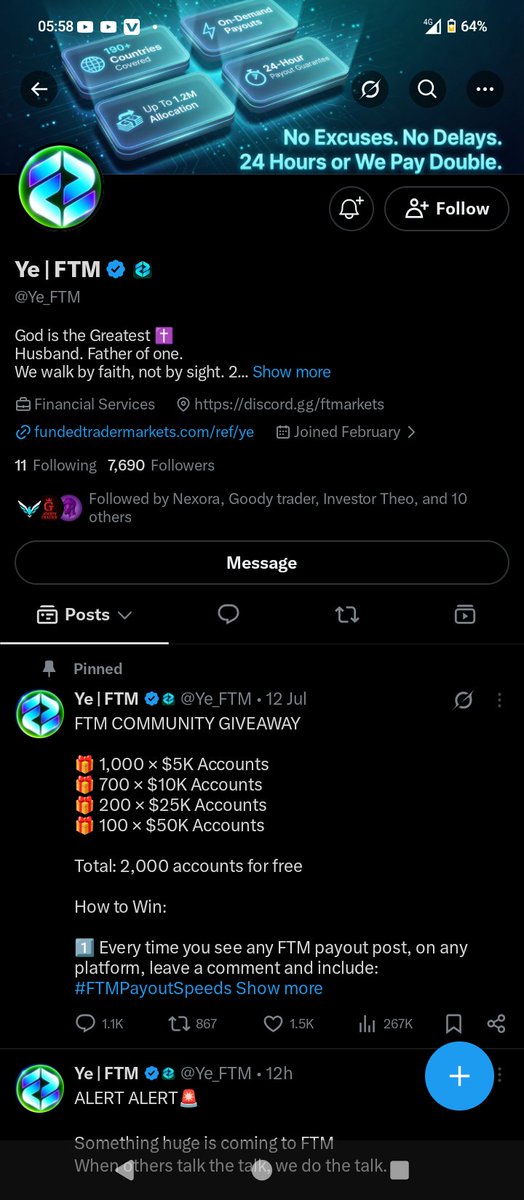 SMakhbane's tweet photo. @Malekfx1155 @ICT_KillerX @FTMarketslive @Ye_FTM An Opportunity to trade with one of the best firms with the fastest payout system in the industry 
@Chi_xauusd 
@Hunter_Fx1 
@JamiryoBtc https://t.co/8E1en2yYsf