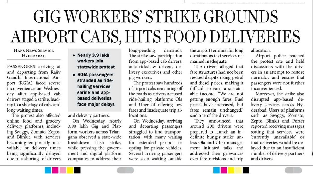 TGPWU's tweet photo. Hyderabad: Gig workers’ strike grounds airport cabs, hits food deliveries
 https://t.co/k8IcaThSht https://t.co/S5QDS9Hyc1