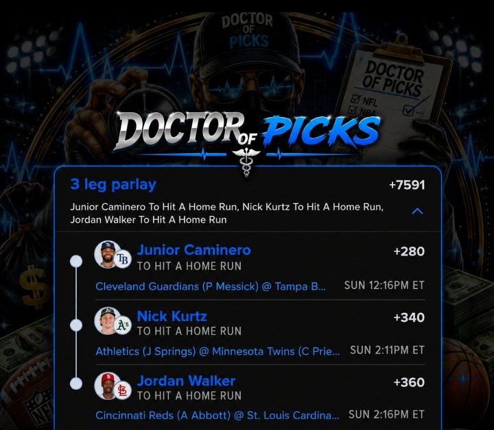 DoctorOfPicks's tweet photo. π¨ HR PARLAY ALERT π¨
π£ 3-Leg Home Run Parlay π₯ Odds: +7591
βΎ Junior Caminero HR
βΎ Nick Kurtz HR
βΎ Jordan Walker HR
Three swings. Three bombs. One massive payout. π°
Tail at your own riskβbut if this lands,
#MLB #HomeRunParlay #DoctorOfPicks #SportsBetting #Parlay #VIPPick https://t.co/gNsYc8qRvn