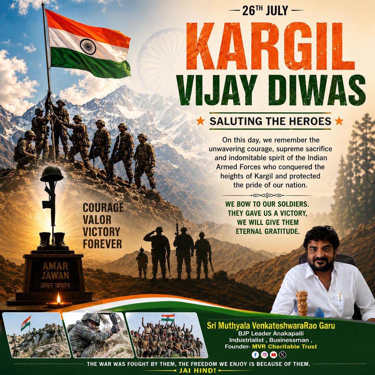 MVRforPeople's tweet photo. "The sacrifice of our immortal heroes who laid down their lives at the nation's borders will forever be remembered."
"Jai Jawan... Jai Hind... The nation of India will always remain indebted to the sacrifice of our immortal heroes." 🇮🇳 https://t.co/VE7BzyNlZE