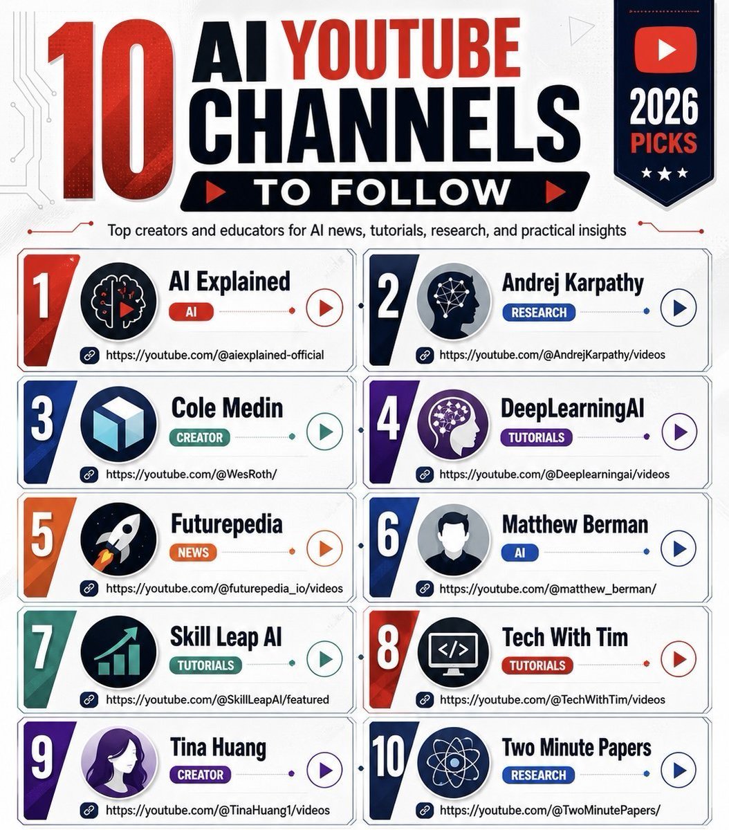 Tech_Rose1's tweet photo. Best YouTube Channels to learn AI in 2026:

1. AI Explained
👉 https://t.co/FRfqS8Ysz8…

2. Andrej Karpathy
👉 https://t.co/RsWOQ7so74…

3. Cole Medin
👉 https://t.co/cu9pqCqTTI

4. DeepLearningAI
👉 https://t.co/mwAQzTeTpQ…

5. Futurepedia
👉 https://t.co/NTncUIcdRi…

6. Matthew Berman
👉 https://t.co/f3BehAkd6S…

7. Skill Leap AI
👉 https://t.co/Im0DOXFCa5…

8. Tech With Tim
👉 https://t.co/qtihi9Vjbb…

9. Tina Huang
👉 https://t.co/Dc7TGtWdUC…

10. Two Minute Papers
👉 https://t.co/XIHIKSPUuf…

Follow me @Tech_Rose1 for more AI IDEA.