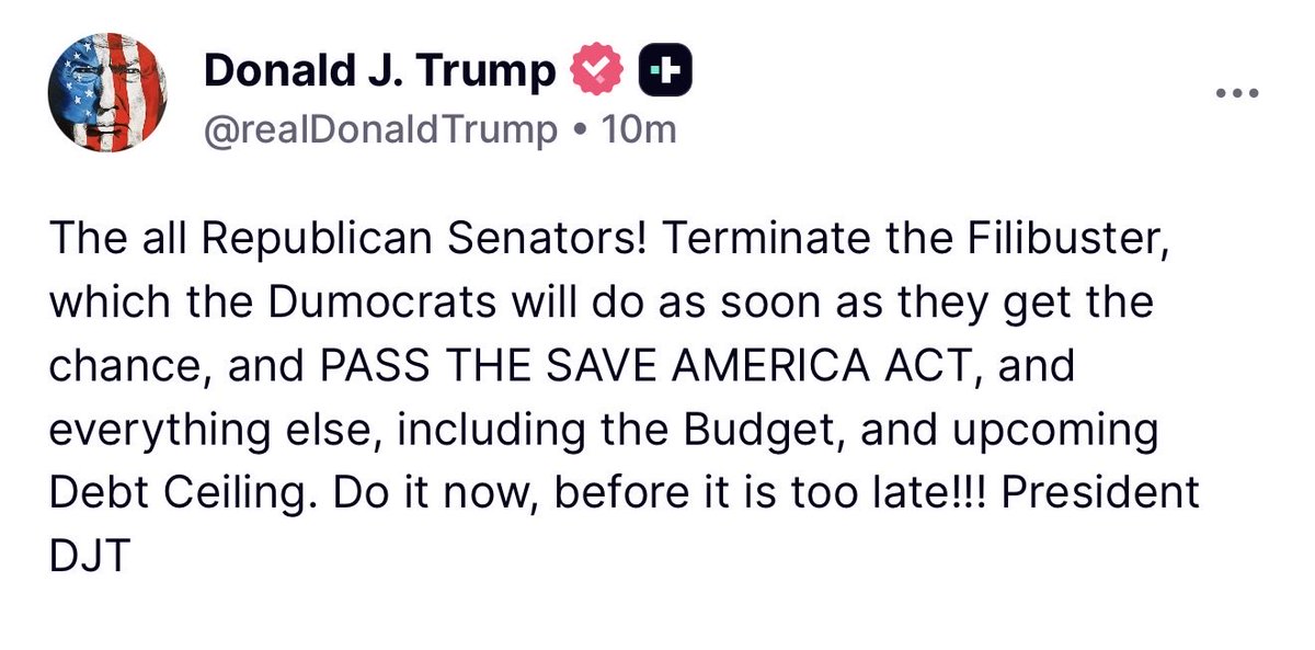 MAGAVoice's tweet photo. 🚨 JUST NOW: At Almost Midnight Donald Trump just sent a message to EVERY Republican Senator:

“PASS THE SAVE AMERICA ACT”

TRUMP IS NOT HAPPY https://t.co/08DIv1Qx0l