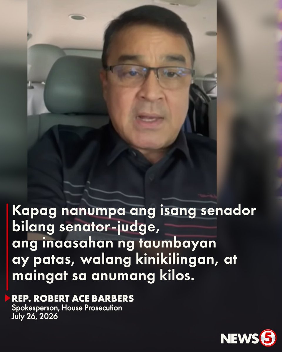 News5PH's tweet photo. UMALMA SA SPLICED VIDEOS

Nagpadala ng liham ang House Prosecution Panel kay Presiding Officer Sen. Chiz Escudero para hilingin na paalalahanan ang mga senator-judge sa paglalabas ng spliced videos o anumang piling bahagi ng impeachment trial.

Ayon kay prosecution spokesperson Rep. Robert Ace Barbers, mahalagang mapangalagaan ang integridad ng paglilitis at maiwasan ang maling pagkakaunawa ng publiko sa mga nangyayari sa trial.

Matatandaang umalma ang prosekusyon matapos mag-share ng spliced video si Sen. Pia Cayetano, na nag-aakusa sa kanila na nag-iimbento lang ng akusasyon sa impeachment trial.