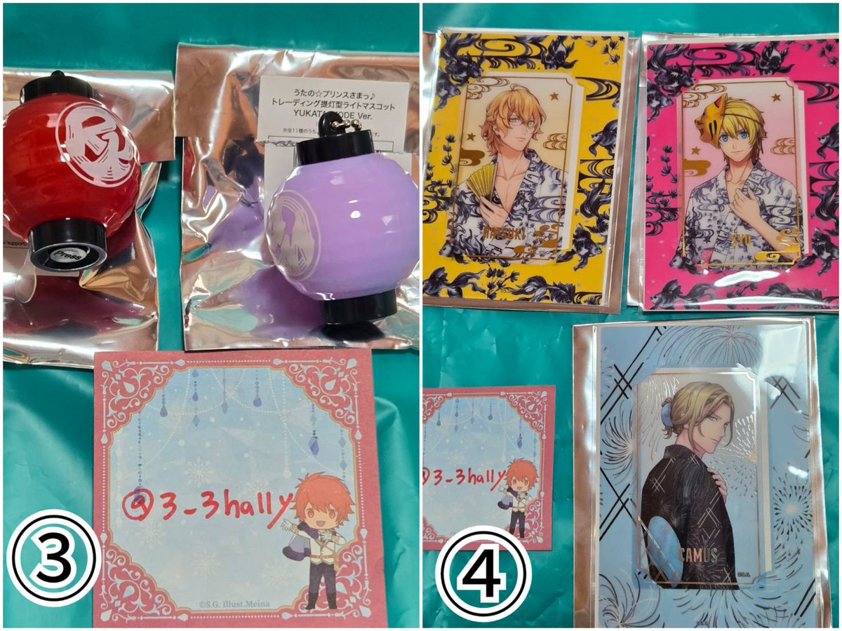 3_3hally's tweet photo. 【交換】うたプリ グラショ 浴衣 YUKATA-MODE 
譲：①マドポチ→嶺二、藍、翔
②マステ→蘭丸、カミュ
③提灯→蘭丸、藍
④ビジュカ→カミュ、那月、翔
⑤アクリルバッチ→セシル

求：②③⑤→音也
①④→音也、トキヤ
地方住みの為郵送交換希望です。
※ツリーにも少しだけ条件あります↓ https://t.co/C1nXHb9NWR
