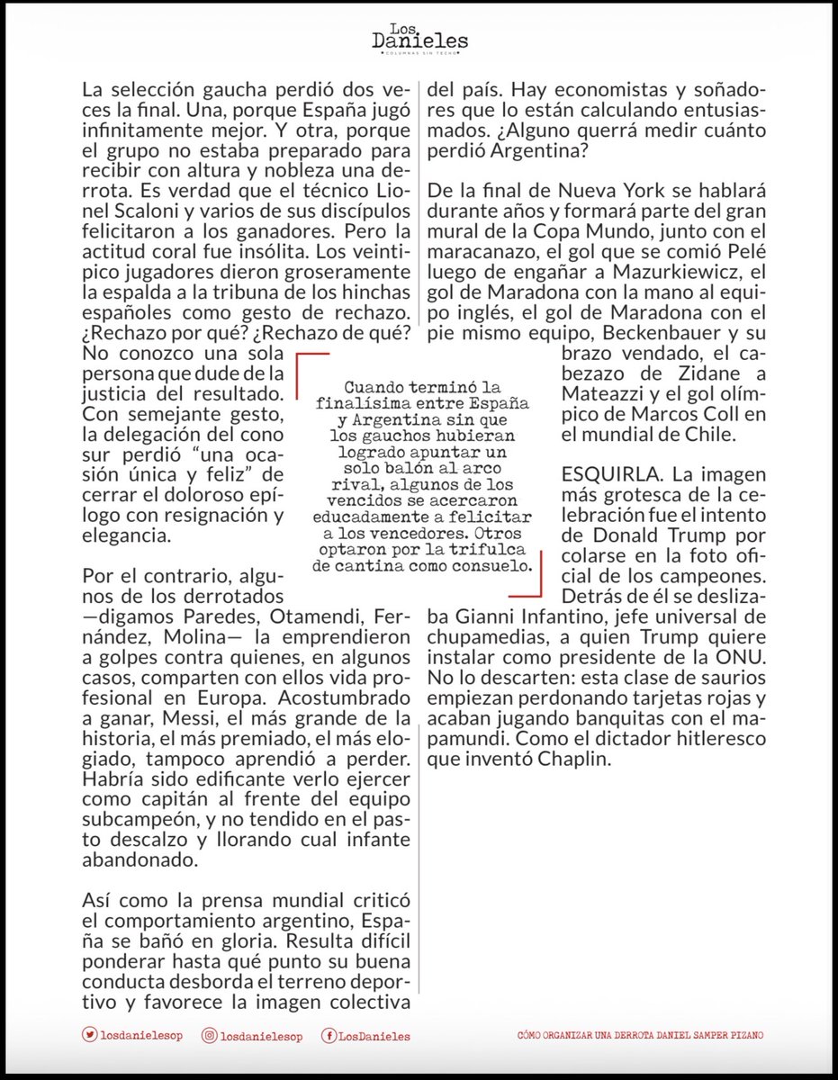 cesarusa5's tweet photo. #CómoOrganizarUnaDerrota por @DanielSamperPi Cuando terminó la finalísima entre España y Argentina sin que los gauchos hubieran logrado apuntar un solo balón al arco rival, algunos de los vencidos se acercaron educadamente a felicitar a los vencedores. #LosDanieles @losdanieles https://t.co/DiNRyeJpI5