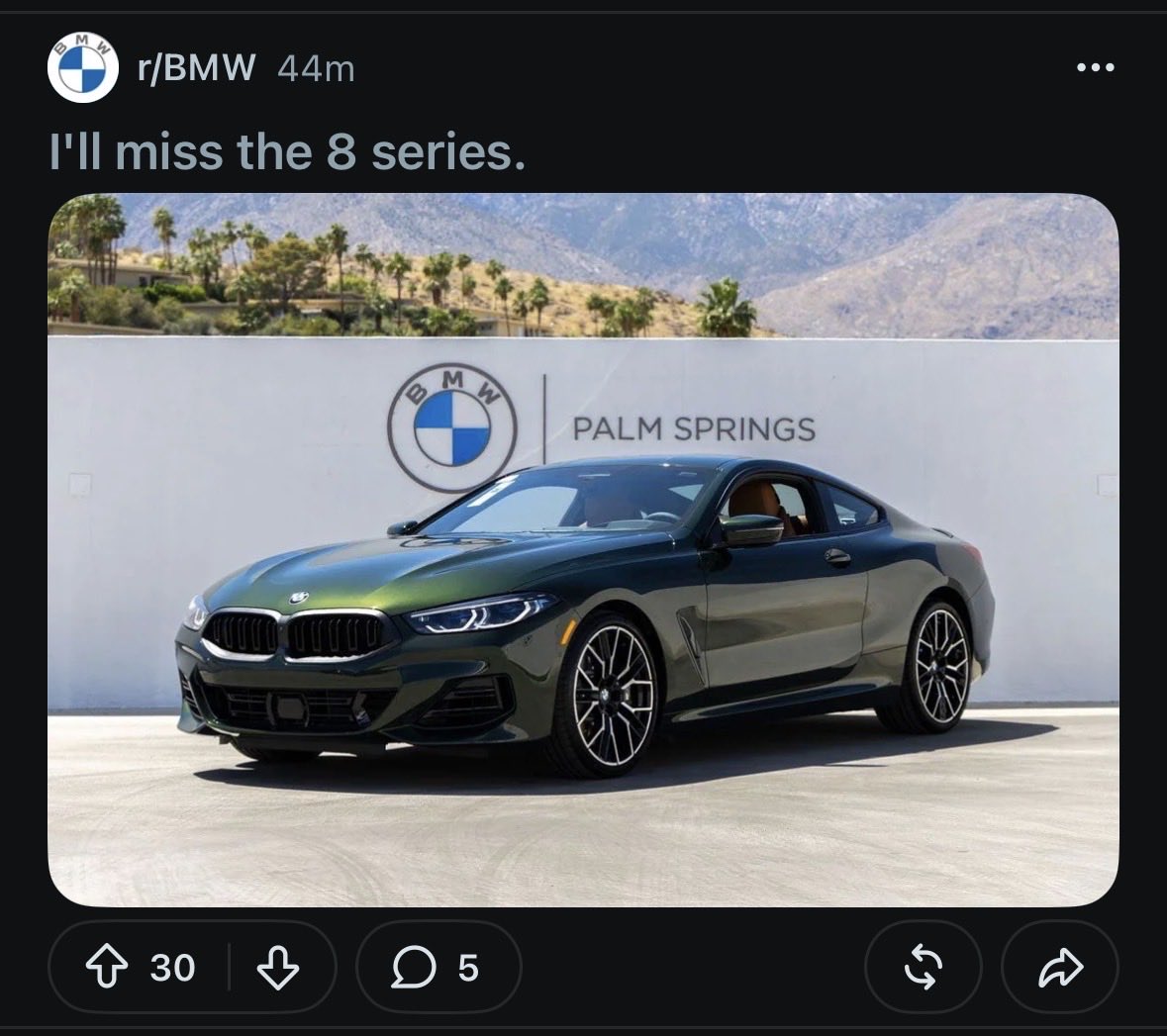 DavidRoseHRL's tweet photo. Great example of the cheapening power of black wheels. The 8 Series goes from “elegant personal coupe” to “beat up Sixt rental” with this one simple trick. https://t.co/o50h8ivA0M