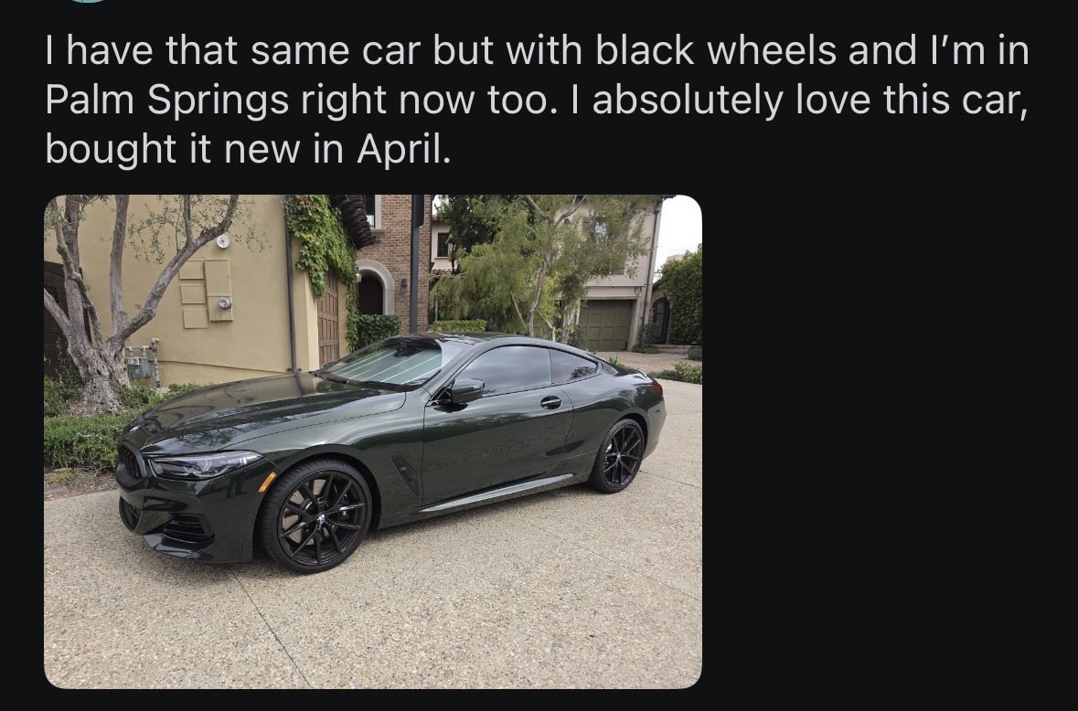 DavidRoseHRL's tweet photo. Great example of the cheapening power of black wheels. The 8 Series goes from “elegant personal coupe” to “beat up Sixt rental” with this one simple trick. https://t.co/o50h8ivA0M