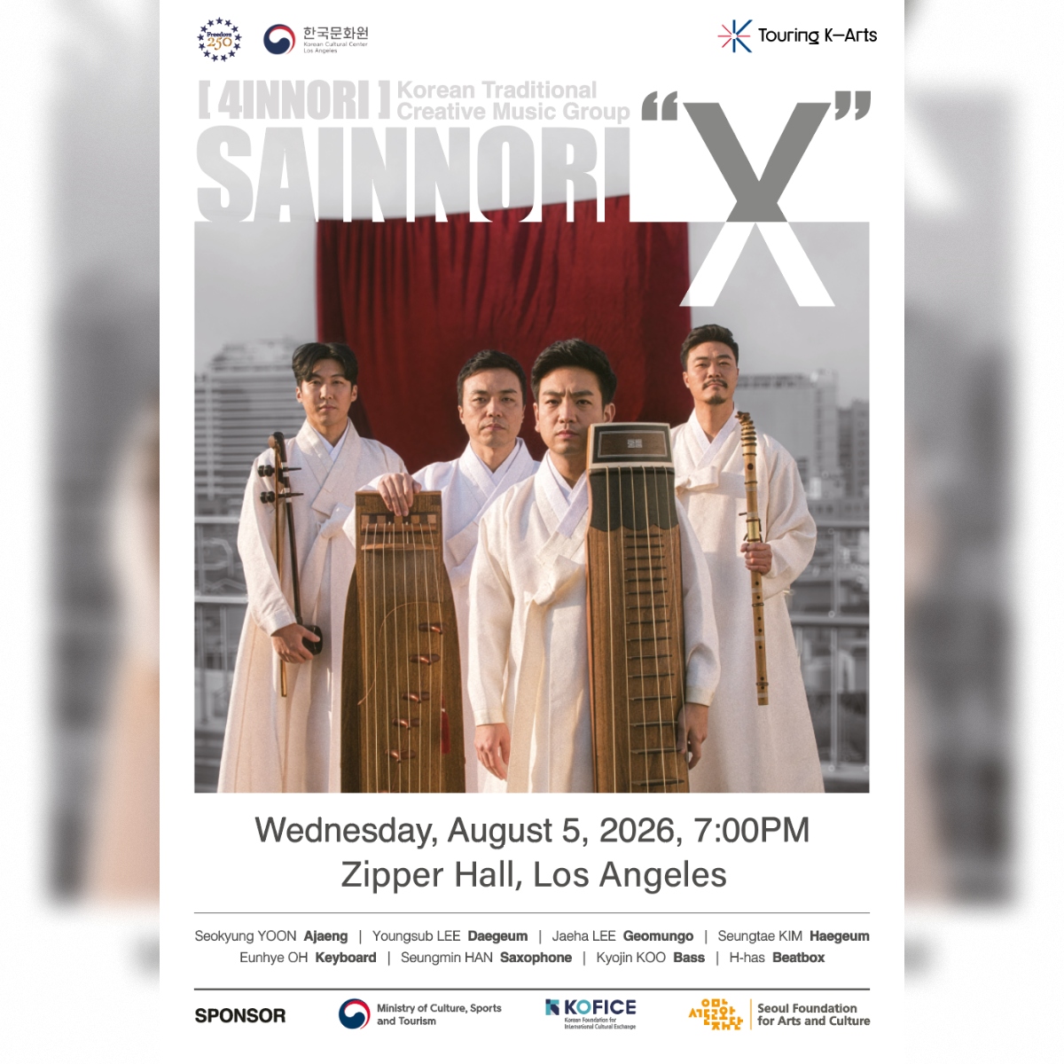 KCC_LA's tweet photo. [LA] #losangeles

[Four Musicians. Endless Energy.]

Experience Sainnori X, where the vibrant energy of Korean traditional music meets the creativity of jazz and contemporary sounds. https://t.co/GiPSuIv7cd