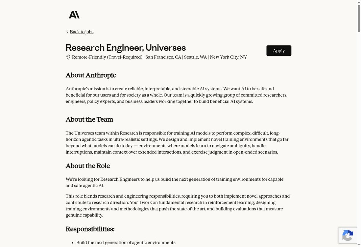 imjustnewatai's tweet photo. the wildest AI roadmap is hiding in plain sight—in OpenAI and Anthropic’s job listings.

i went through them. they aren’t merely building better chatbots.

they’re assembling 6 pieces of what could become a compounding AI flywheel:

① simulated universes

Anthropic’s “Universes” team is creating ultra-realistic training worlds where agents practice difficult, long-horizon work: handling interruptions, ambiguity, changing goals and extended interactions.

think flight simulator—but for entire jobs.

② the “video game method”

OpenAI is hiring a Synthetic RL team to train models with synthetic data, simulators and self-play.

in plain English: instead of waiting for humans to demonstrate everything, give the AI a simulated task, let it act, score the result, learn from failure and play again—potentially generating harder “levels” as it improves.

the task could be a game, coding project, research problem or computer workflow.

③ superhuman science

Anthropic says it “owns the science behind superhuman epistemics.”

epistemics simply means figuring out what is true, why it is true and which evidence supports it—not merely generating a believable answer.

another team is explicitly trying to make Claude a “superhuman life sciences research assistant” capable of literature review, database searches, bioinformatics pipelines and scientific analysis.

④ train Claude to design silicon

silicon means the physical computer chips AI runs on.

Anthropic wants RL environments where Claude learns to generate chip designs, formally verify them and optimize their physical layouts.

that matters because better AI could eventually help design better AI hardware—which provides more compute for training better AI.

⑤ personal AGI with memory

OpenAI says it wants to evolve ChatGPT from a chatbot into an “infinitely capable and personalized superassistant.”

its consumer-device researchers are working on long-term memory, evolving user models and systems that learn your preferences, goals and values over time.

not an assistant you repeatedly brief. one that gradually learns how to help you.

⑥ agents operating the AI factories

OpenAI’s Stargate role applies agents to cluster deployment, incident diagnosis, health monitoring and capacity decisions.

the listing specifically describes “closed-loop automation”:

watch the infrastructure → decide what to do → act → check the result → repeat.

connect everything and a possible loop appears:

simulated worlds
→ stronger long-horizon agents
→ superhuman research + chip design
→ better hardware and infrastructure
→ agents help operate that infrastructure
→ stronger models
→ repeat

this is what recursive self-improvement may look like in reality.

not one conscious model suddenly rewriting itself overnight—but an entire AI ecosystem improving its simulations, data, science, chips, infrastructure and training process.

important: these listings reveal research ambitions, not proof that the complete system works today or will arrive on a particular date.

but everyone expects AGI to appear as one dramatic model release.

the job boards suggest something stranger:

it may arrive as a flywheel.