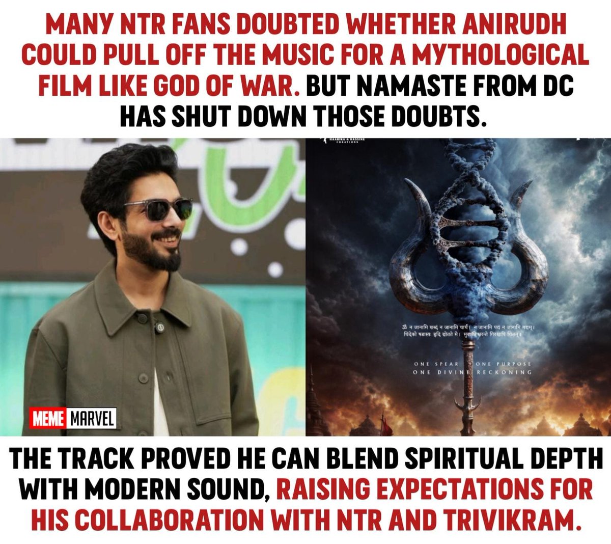 theMemeMarvel's tweet photo. #Anirudh proved he can blend spiritual depth with modern sound

#DC #NTRTrivikram #NTR #AnirudhRavichander https://t.co/byBzsPGoRt