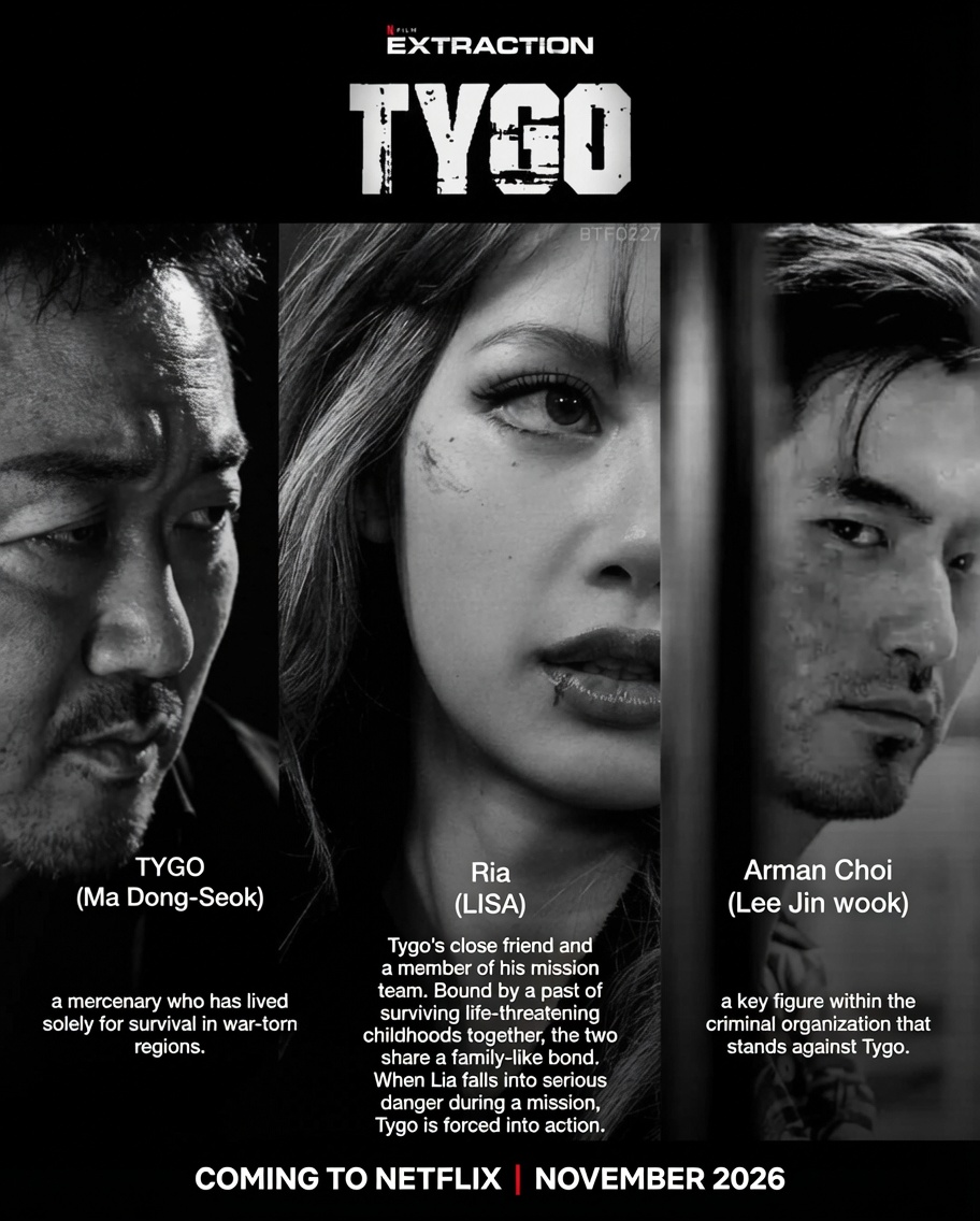 MinervaOwl777's tweet photo. TYGO 🔥
Netflix Original Film
Ketika satu-satunya keluarga yang dia miliki jatuh dalam bahaya…
seorang mercenary yang hidup hanya untuk bertahan hidup dipaksa kembali berperang.
Ma Dong-seok sebagai Tygo
Lalisa Manobal sebagai Ria
Lee Jin-uk sebagai Arman Choi

# Estimasi realistis kapan tayang:
- Paling mungkin: akhir 2026 – awal 2027 (November – Desember 2026 atau Q1 2027)
1. Film action berbudget menengah-tinggi ala *Extraction* / *The Roundup* biasanya butuh 12–18 bulan dari mulai syuting sampai rilis Netflix.
2. Kalau syuting dimulai di 2025 (masih memungkinkan), maka rilis akhir 2026 atau awal 2027 paling masuk akal.
3. Netflix sering menempatkan film action Asia di *Q4* (Oktober–Desember) atau *Q1* tahun berikutnya.

Bisa yuk.akhr 2026 dah tayang, jadi 2027 fokus ngerjain project "Notting Hill" + kejutan2 lainnya ???👀

#LISA
 @wearelloud
